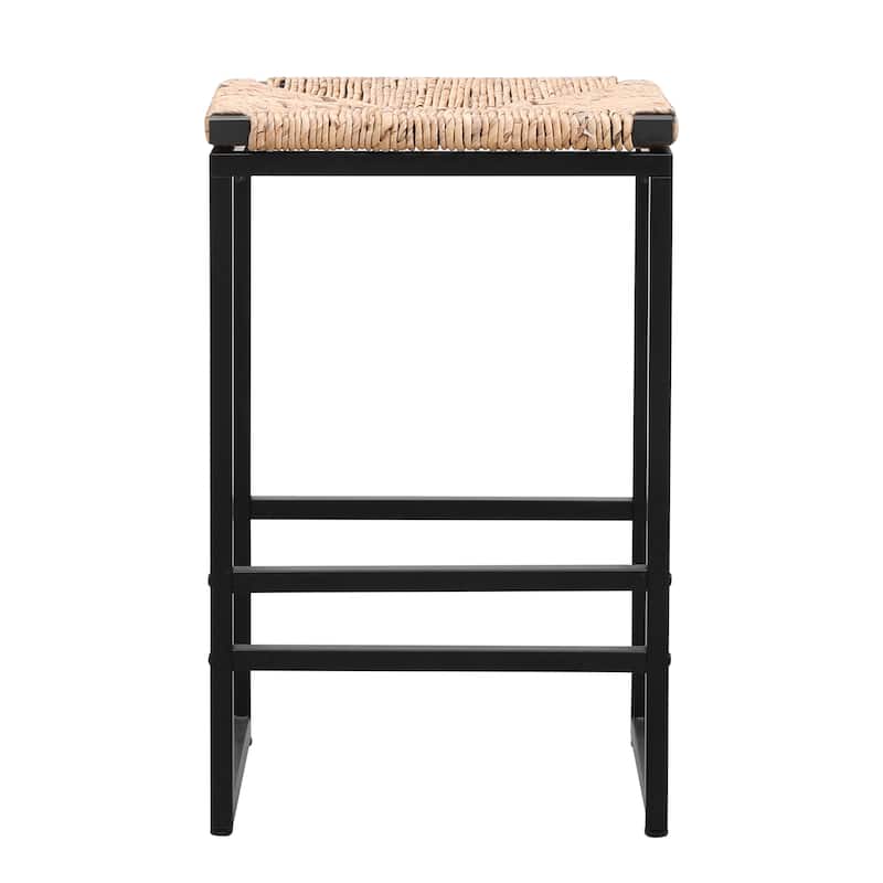 Set of 2 Water Hyacinth Woven Bar Stools for Kitchen Counter Water Hyacinth Grass Backless Barstools with Footrest