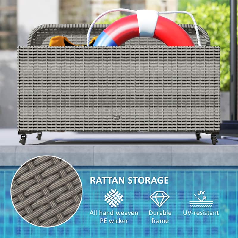 Wicker Pool Float Storage Organizer, PE Rattan Outdoor Pool Float Holder with Rolling Wheels & Storage Rack, Mixed Gray