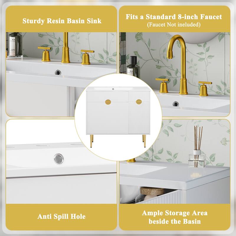 Modern 36 Inch Bathroom Sink Vanity with Resin Basin, Soft-Close Storage Doors, Pine MDF Cabinet