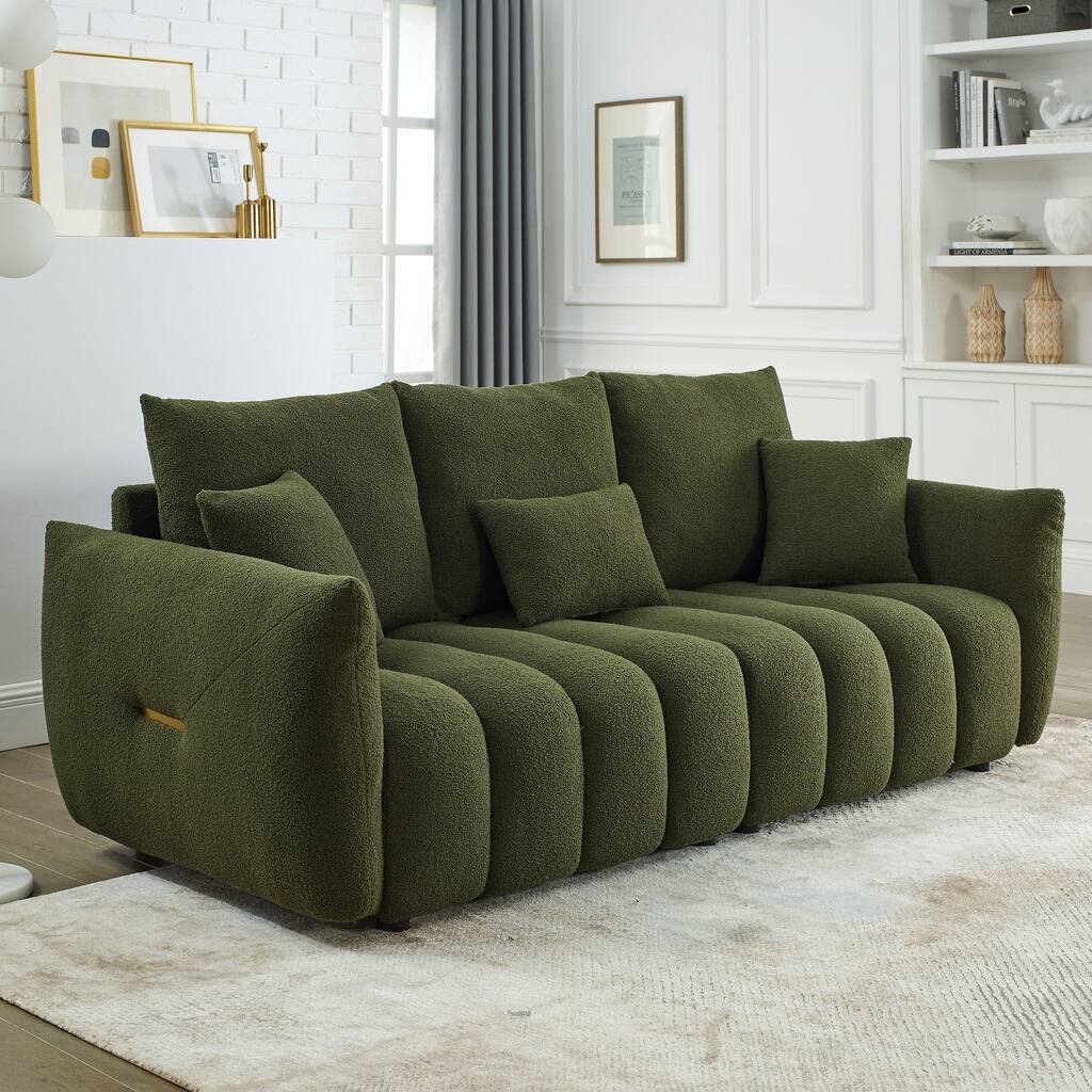 Green 82" Teddy Upholstered 3-Seater Sofa with 3 Back Pillows and Solid Wood Frame