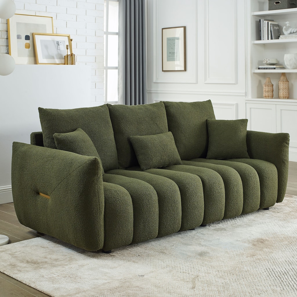 Green 82" Teddy Upholstered 3-seater Sofa with 3 Back Pillows and Solid Wood Frame for Living Room