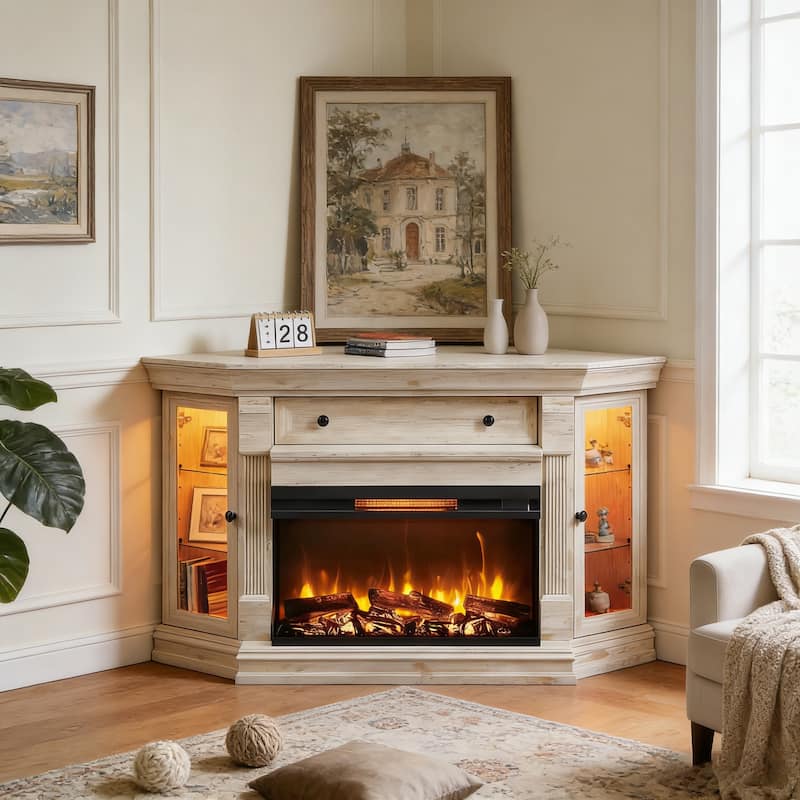 Farmhouse 3-Sided Fireplace TV Stand for 65" TV, Entertainment Center - Antique Brush White