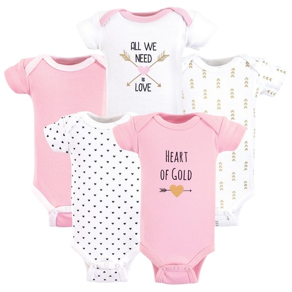 slide 1 of 1, Hudson Baby Infant Girl Cotton Preemie Bodysuits 5pk, Heart, Preemie - Heart Short-Sleeve Preemie - Heart Short-Sleeve