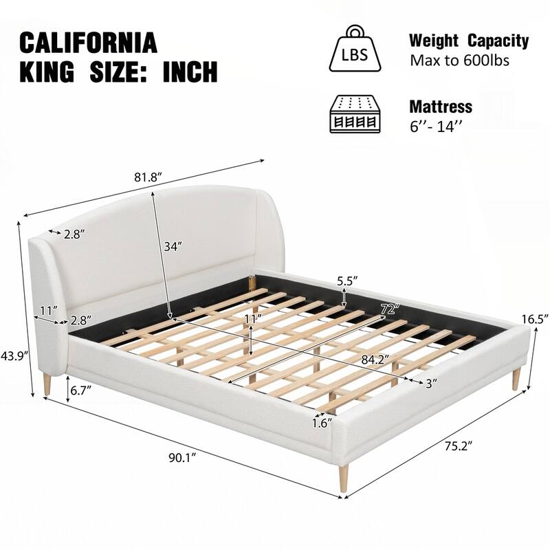 Upholstered Platform Bed Boucle Fabric and Wingback Headboard