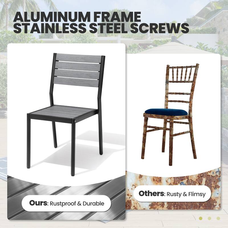Outdoor Aluminum Dining Table Set Rectangular Table with Umbrella Hole and Stackable Chairs