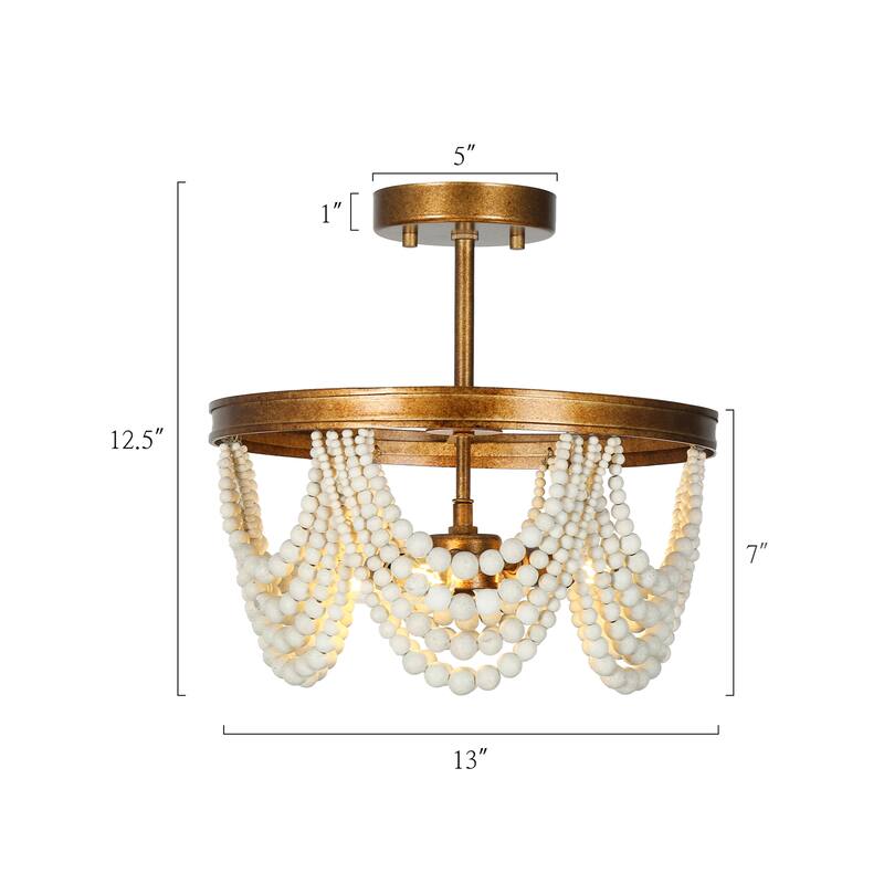 Renia Mid-century Modern Gold Semi Flush Mount Ceiling Lights Distressed White Wood Beads Chandelier Kitchen Bedroom Hallway