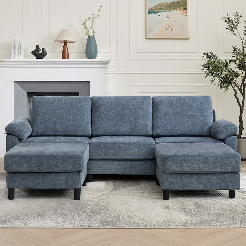U-Shaped Chenille Upholstered Modular Sectional Sofa Couch with 2 Ottomans - Blue