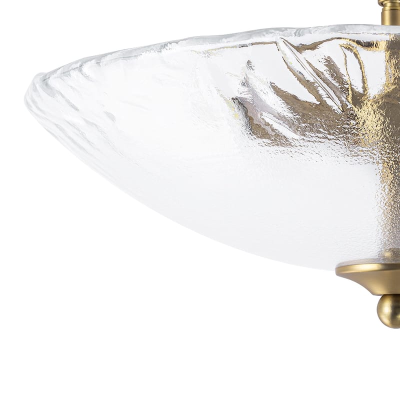 Mid-Century Brass Round Glass Bowl Semi Flush Ceiling Light 15in