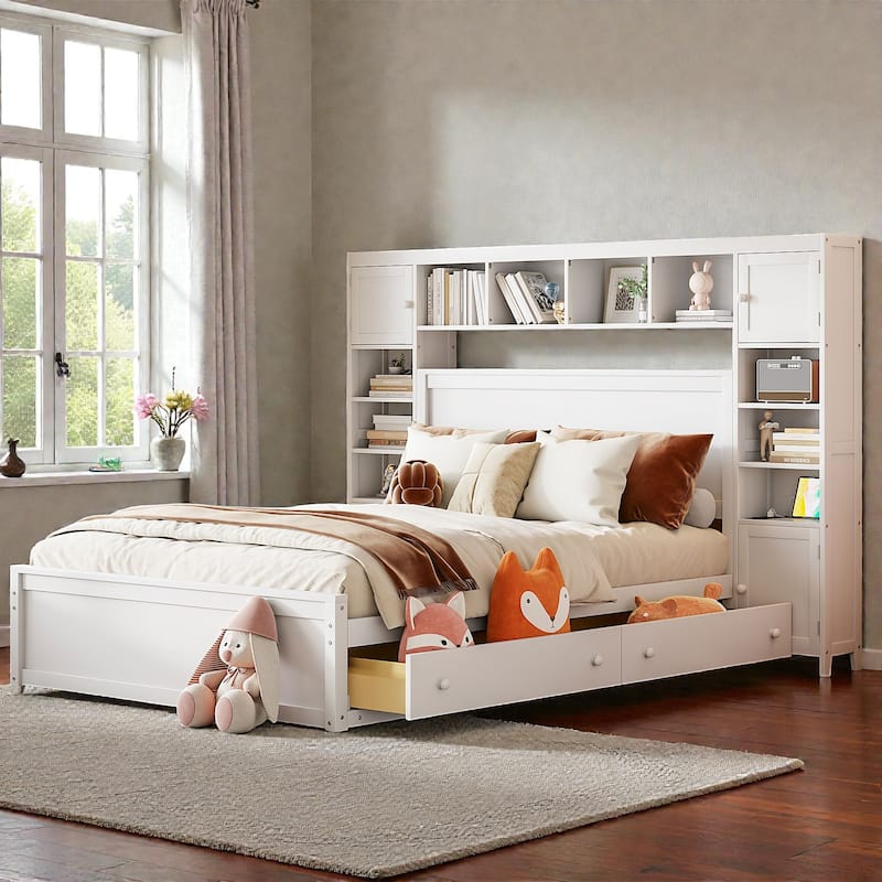 Queen Size Wooden Platform Bed with Storage Drawers, Shelves and Built-In Outlets, All-in-One Headboard Bed - White - Queen