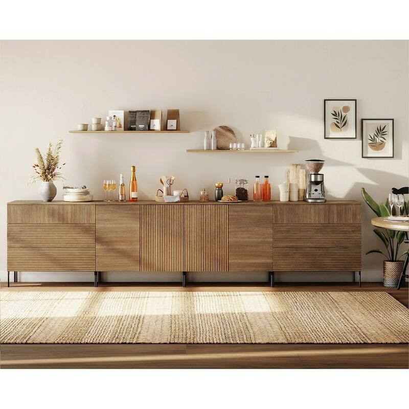 126" Modern Reeded 4-Door Sideboard With Drawers, 4-In-1 Wooden Credenza Storage Cabinet - Walnut