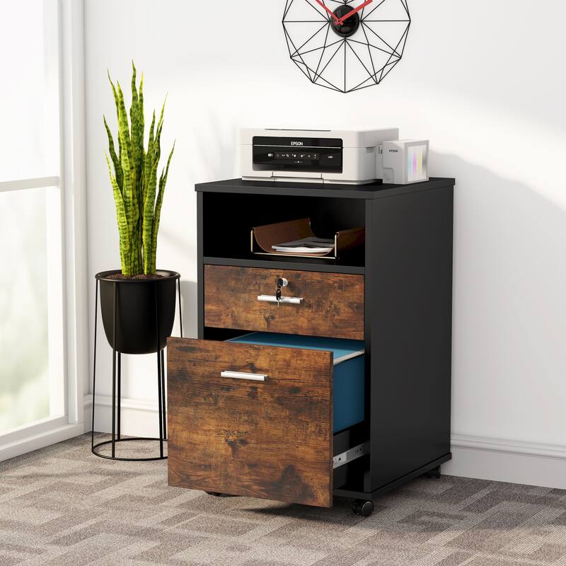 2 Drawer Mobile File Cabinet with Lock, Wood Modern Filing Cabinet - Rustic Brown