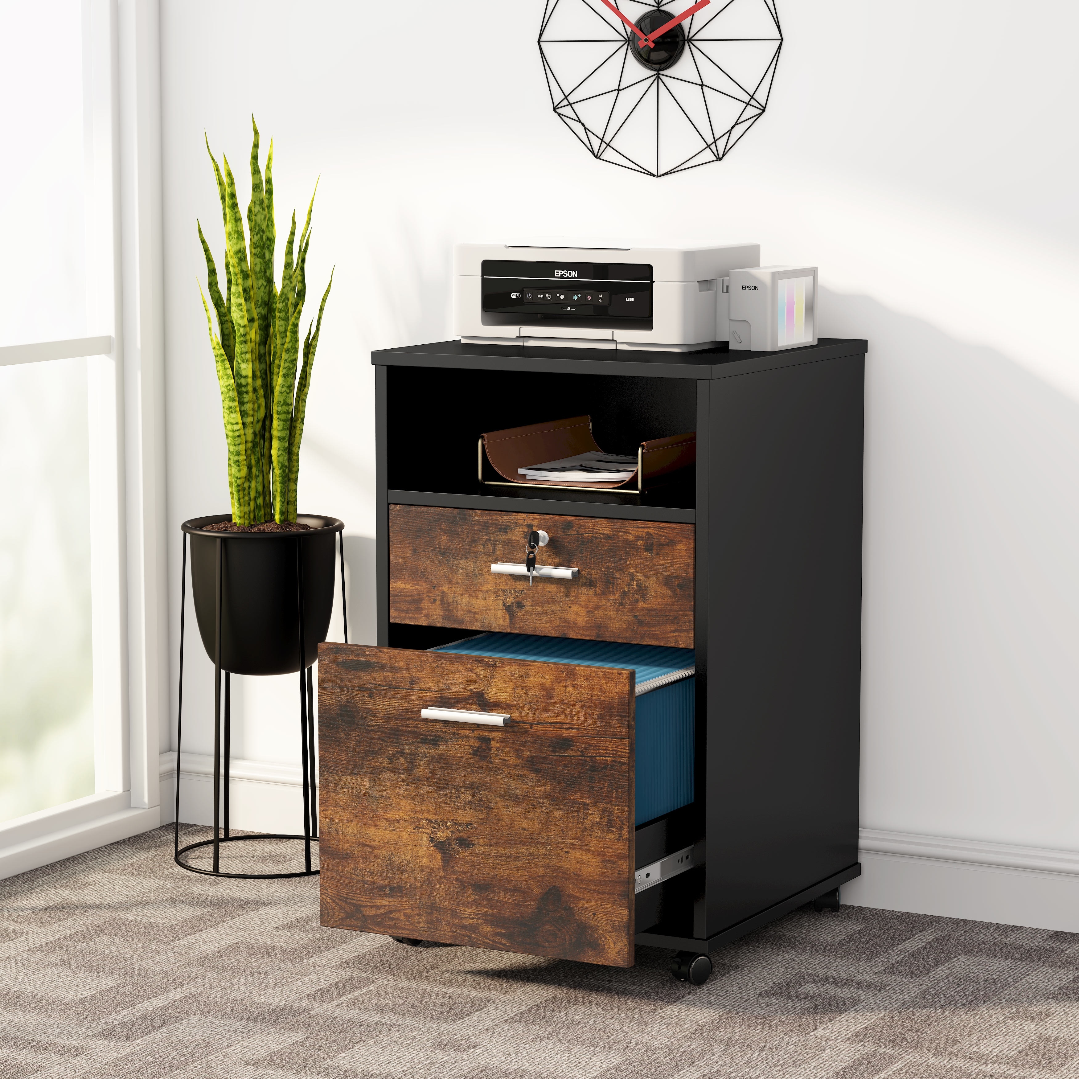 2 Drawer Mobile File Cabinet with Lock, Wood Modern Filing Cabinet