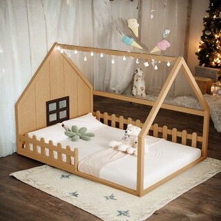 Natural Wood Playful Full Size House Bed Kids Bed with LED,Window and Fence