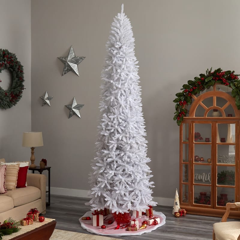 11ft White Christmas Tree Pre-Lit - Slim Artificial Tree with Warm White Lights & Bendable Branches - 132