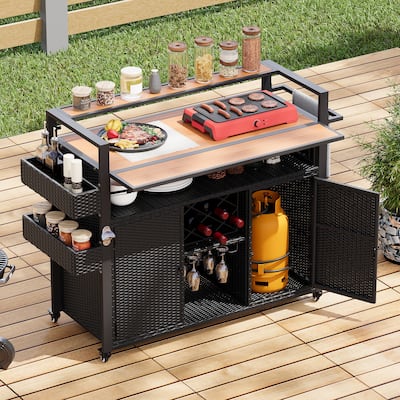 52.8" Outdoor Kitchen Island with Rolling Bar Cart & Storage Cabinet, Farmhouse Grill Table with Extended Wood Table Top
