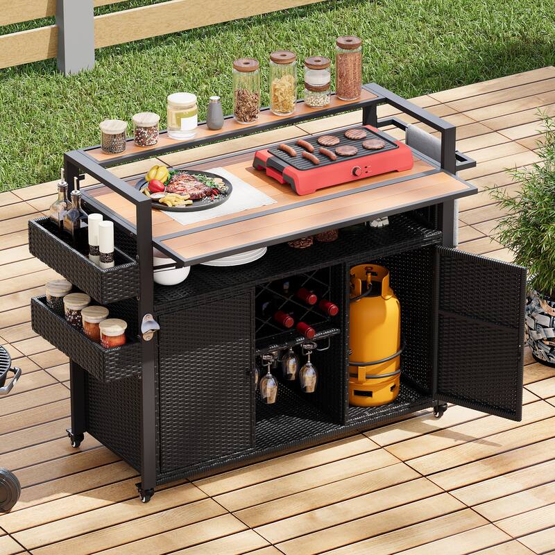 52.8"W Wicker Outdoor Grill Cart with Extended Plastic Wood Table Top & Storage Cabinet