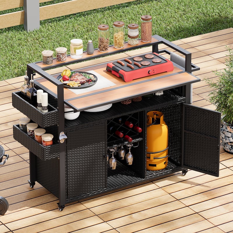 52.8"W Wicker Outdoor Grill cart with Extended Plastic Wood Table Top, Rolling Kitchen Island on Wheels with Storage Cabinet - Black Brown