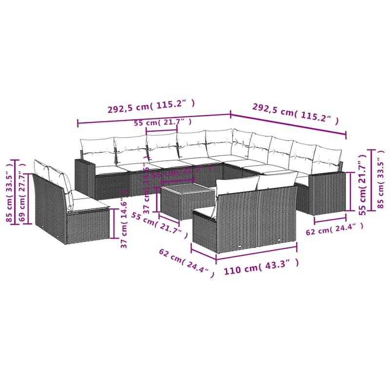 vidaXL 14 Piece Patio Sofa Set with Cushions Black Poly Rattan - 24.4 x 24.4 x 27.2 (W x D x H)