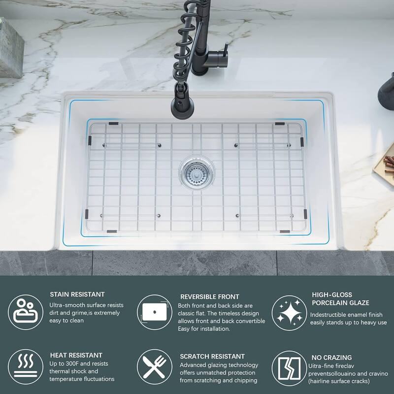 33 inch Sink, Fireclay Kitchen Sinks Farmhouse Ceramic Porcelain Single Bowl Deep Large Capacity Kitchen Sink
