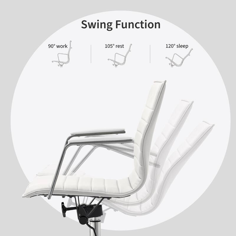 Set of 2 Modern Office Chairs | Upholstered PU Leather Ribbed Mid Back with Metal Frame | Adjustable Height, Tilt Lock
