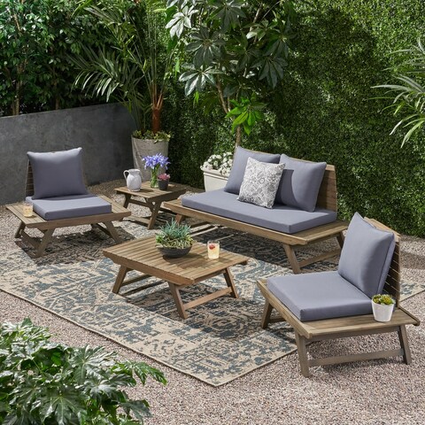 Sedona Outdoor 4 Seater Acacia Wood Chat Set with Side Table and Coffee Table by Christopher Knight Home