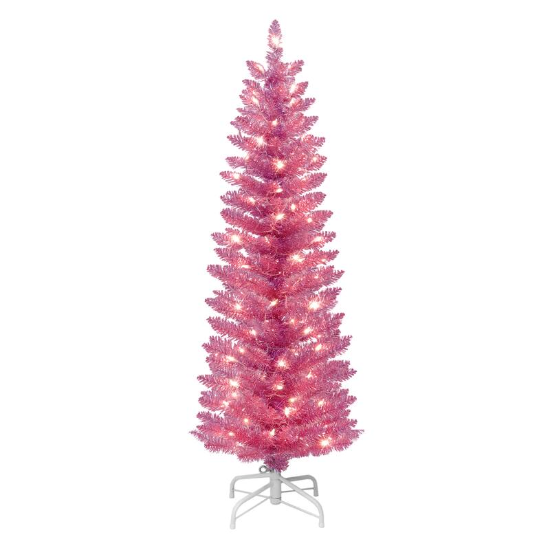 Puleo International 4.5 ft. Pre-Lit Pink Tinsel Artificial Tree - Pink