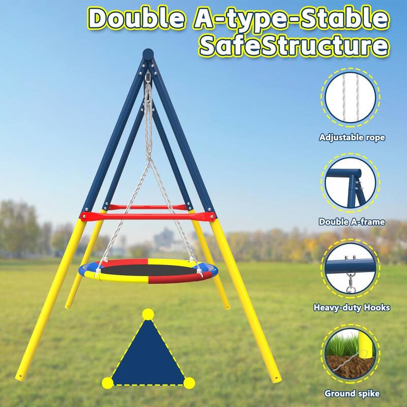 Flying Saucer Swing Set with Heavy Duty A-Frame Metal Swing Stand, Full Steel, Outdoor for Kids, Backyard, Playground