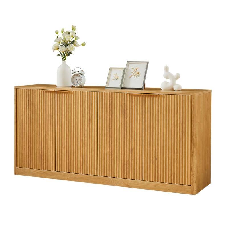 Modern 59" Fluted Buffet Sideboard Cabinet with Shelves, TV Stand Storage Cabinet with 4 Wave Doors for Organized Living Spaces
