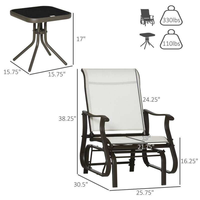 3 Piece Outdoor Gliders Set with Steel Frame, Tempered Glass Table