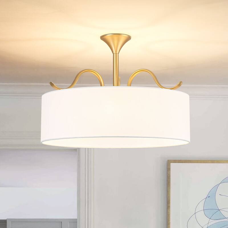 Versatile 3-Light Large Drum Fabric Lantern Semi Flush / Pendant Light