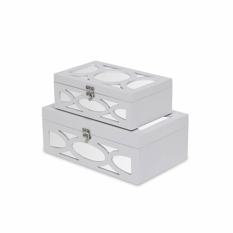 HomeRoots Set of Two White Mirrored Glass And Wood Box With Lid