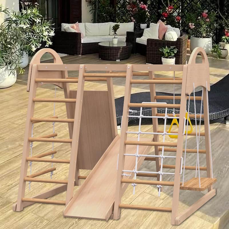 GDF Studio - TimberTrek 7-in-1 Indoor Wooden Jungle Gym Playset for Kids - Natural Wood