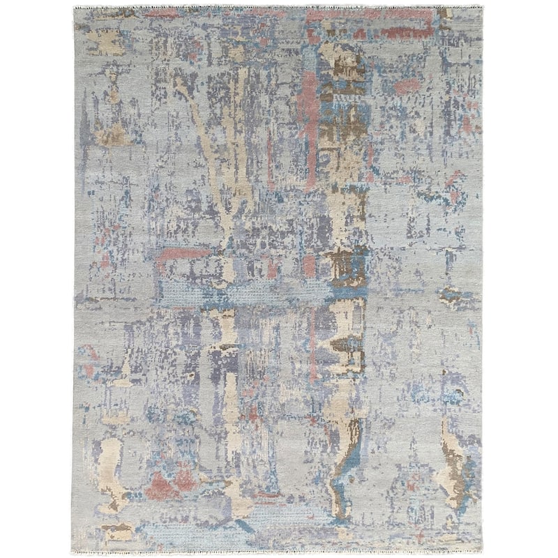 Hand-Knotted Wool Rust/S.Blue Area Rug, 9' x 12', Luxurious Soft Texture for Bedrooms or Living Rooms - L