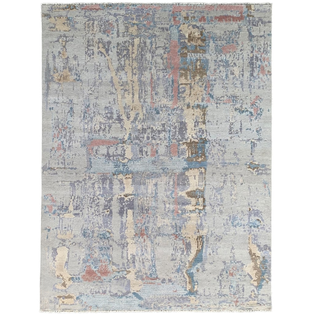 Hand-Knotted Wool Rust/S.Blue Area Rug, 9' x 12', Luxurious Soft Texture for Bedrooms or Living Rooms - L