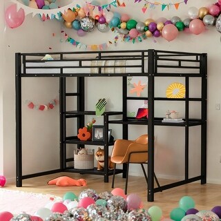 Modern Full Size Loft Bed with Desk and Whiteboard with 3 Shelves and Ladder