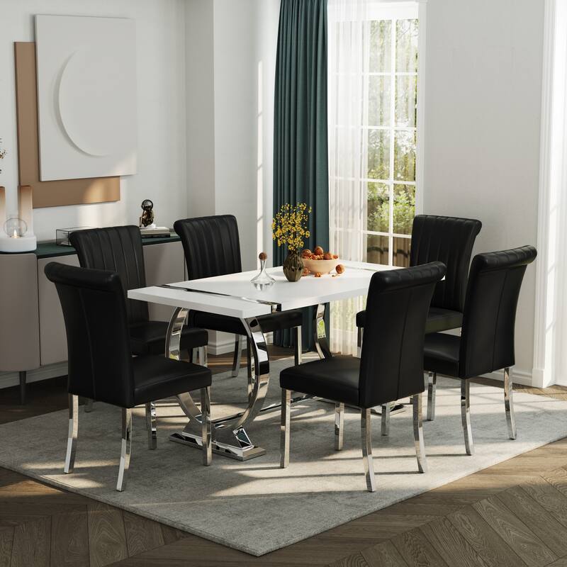Luxury PU Leather Parsons Dining Chairs Side Chairs with Rolled Back and Stainless Steel Legs