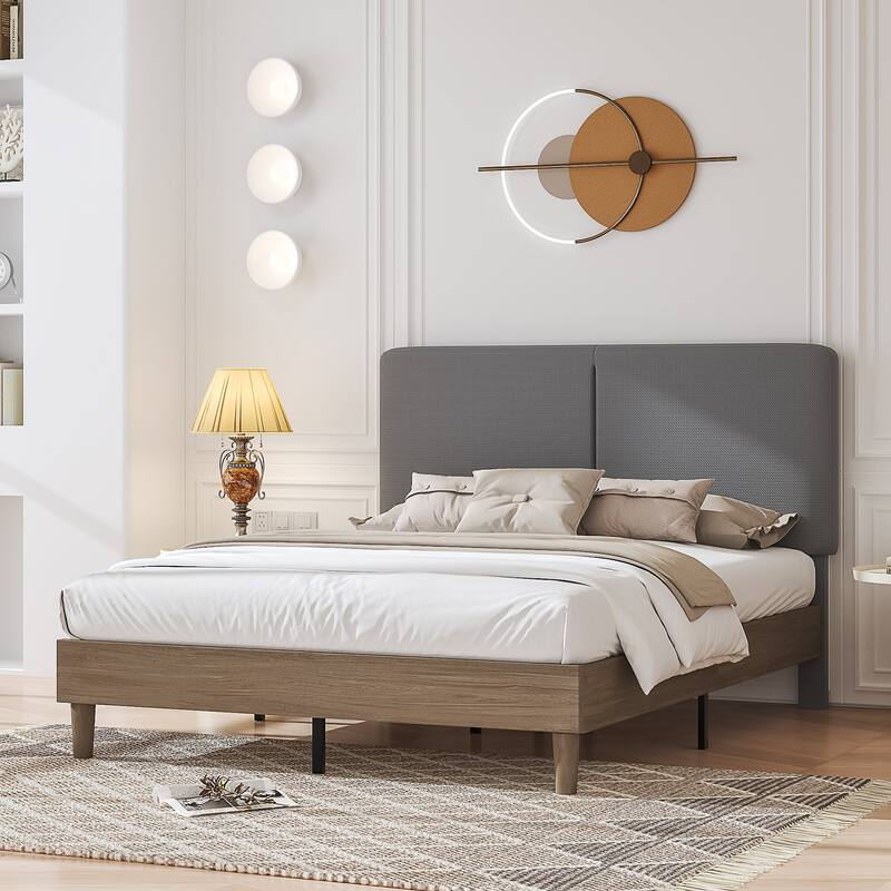 VECELO Upholstered Platform Bed Frame with Adjustable Headboard, Solid Wood Slats, No Box Spring Needed, Twin/Full/Queen Size - Dark Grey - Full