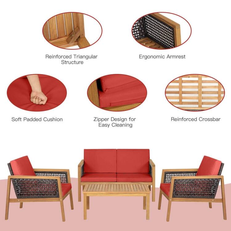 4 Pieces Patio Rattan Furniture Set with Removable Cushions - 30.5" x 48" x 29" (L x W x H)