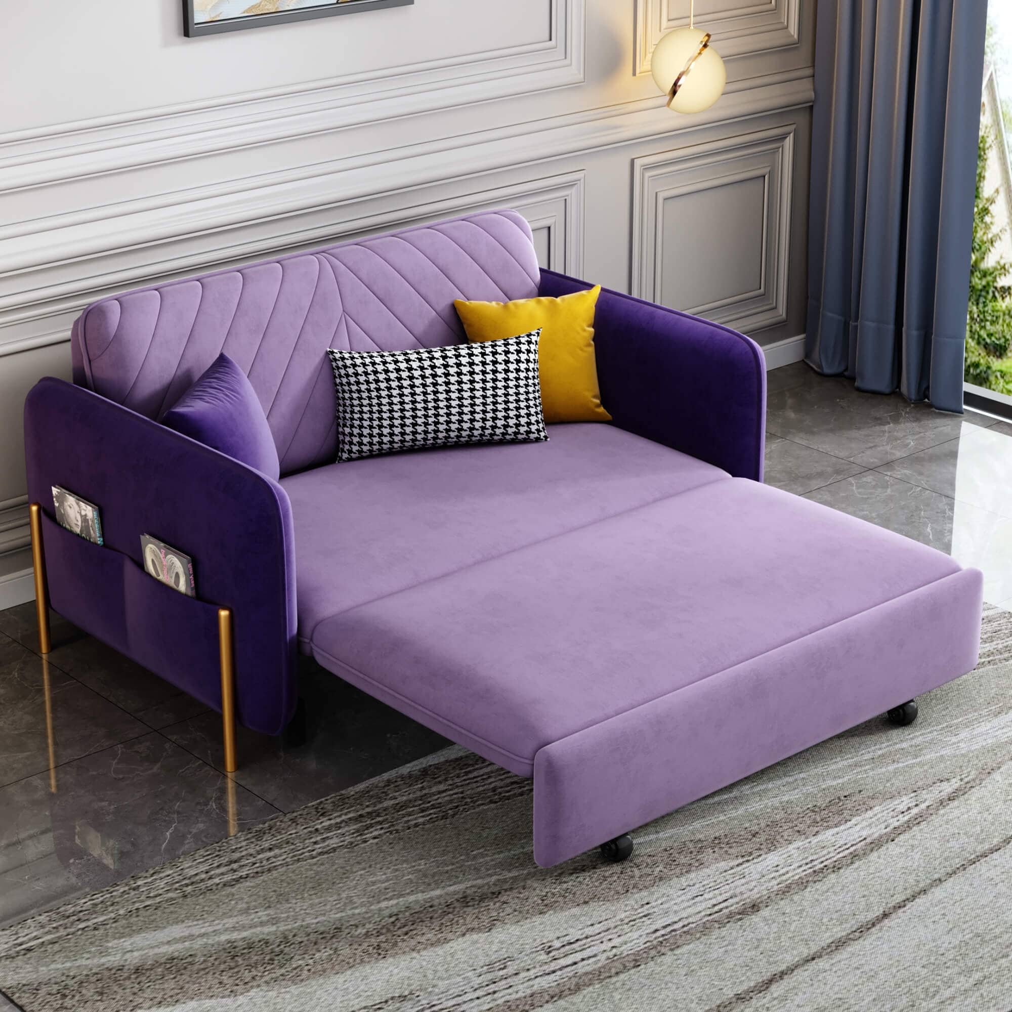 53.5” Full Sleeper Sofa Upholstered Convertible Sofa Bed 3-in-1 Sleeper Sofa Couch, Small Tufted Velvet (purple)