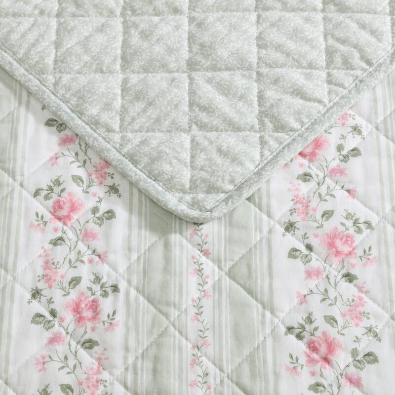 Laura Ashley Rosebud Stripe Cotton Reversible Green Quilt Set