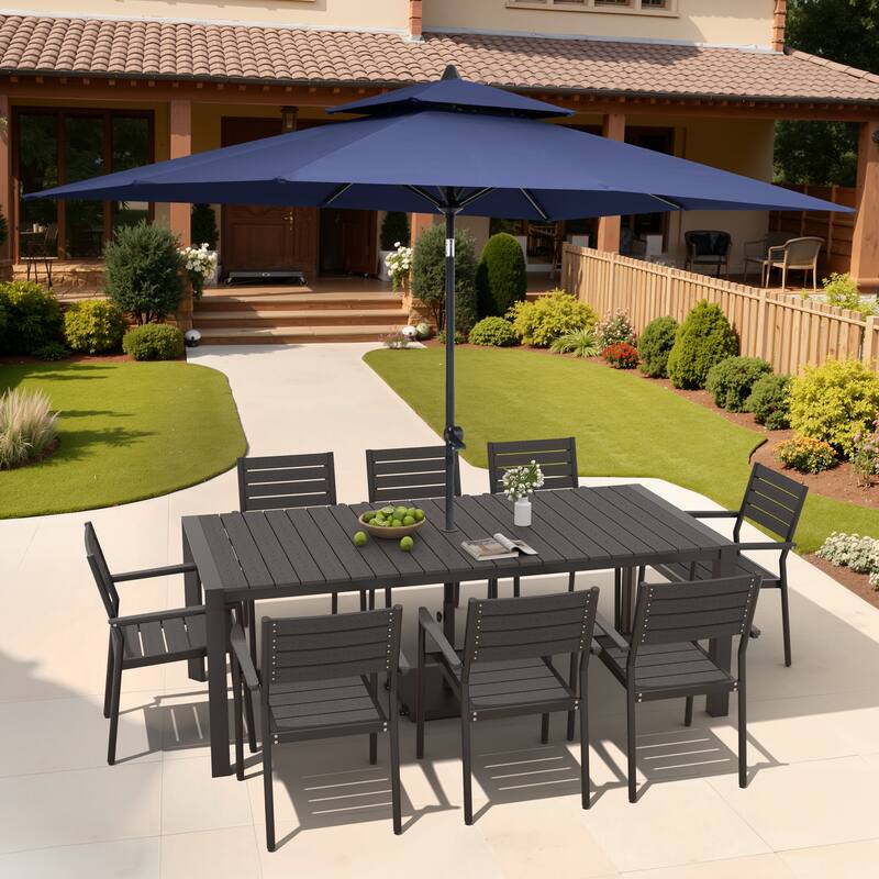 9/11-Piece Patio Dining Set Aluminum Dining Table and Chairs w/10 ft Market Umbrella and Base with Wheels - Set of 11 - Black Table with Navy Blue Umbrella