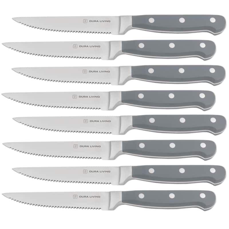 8-Piece Steak Knife Set - High Carbon Stainless Steel Serrated Blades, Ergonomic Handles, Black - Grey - 8 Piece