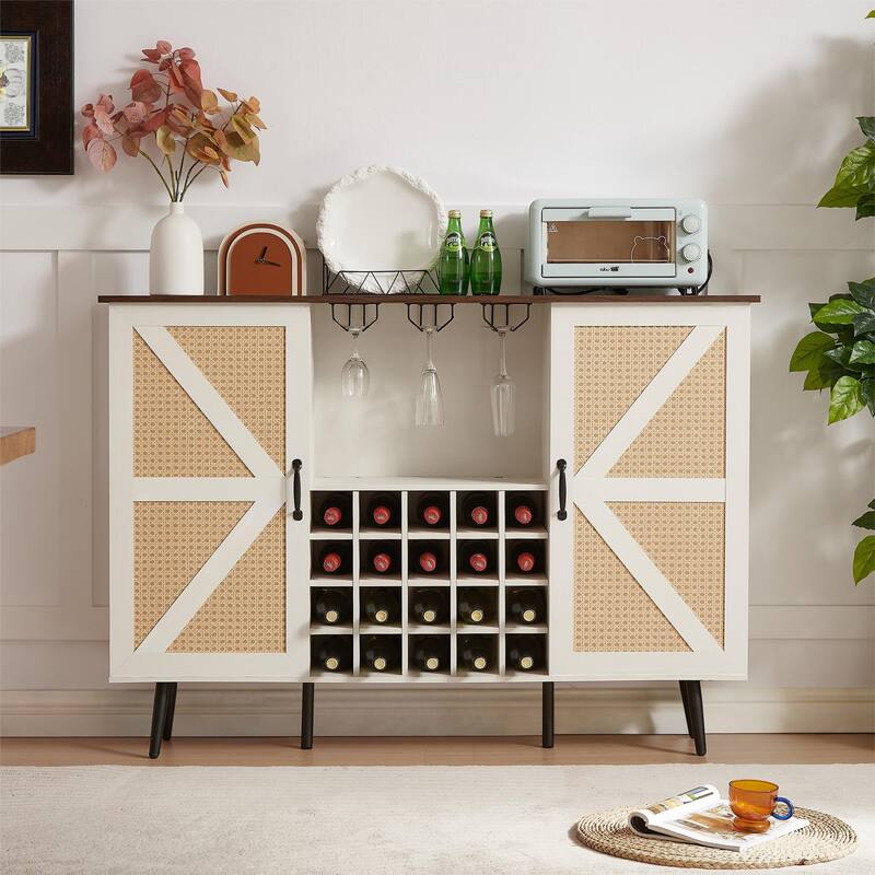 Rattan Barn Door Wine Cabinet with Wine Rack and Wine Glass Rack, Double Door Buffet Cabinet with Removable Shelves