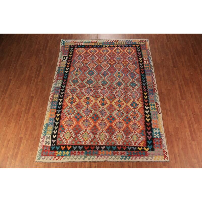 Geometric Kilim Reversible Rug Oriental Flatweave Wool Carpet - 8'5"x 11'5"