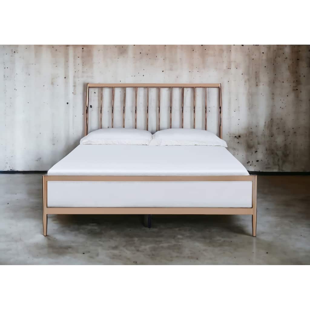 Queen Size Sleigh Bed in Industrial Style - Copper Metal, Slatted Headboard, Low Profile Footboard