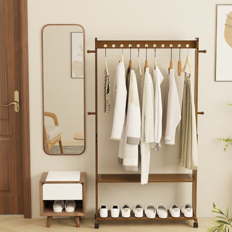 Rustic Wooden Clothes Rack Freestanding Bamboo Garment Stand On Wheels - 40.94x12.68x65.35 inch