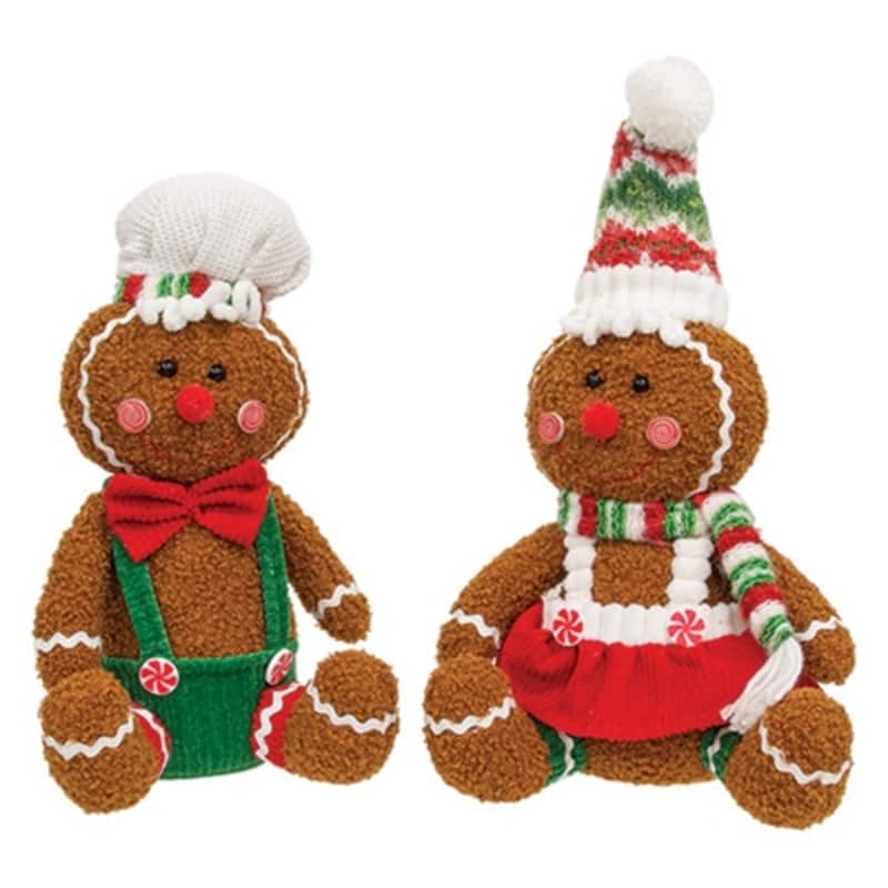 Stuffed Sitting Candy Gingerbread Folk Dolls Plush Decor 2 Asstd. - 5.50" x 5.50" x 11" - Brown-Red-White-Green