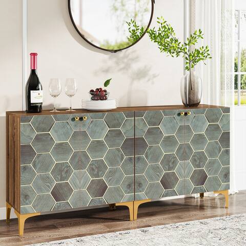 63 Inches Buffet Sideboard Storage Cabinet, Modern Hexagon Colorful Pattern Display Cabinet