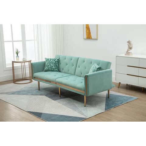 73" Velvet Accent 3-Seat Sofa with Metal Feet & 2 Pillows, Mid-Century Modern Sleeper Sofa for Living Room, Bedroom or Office