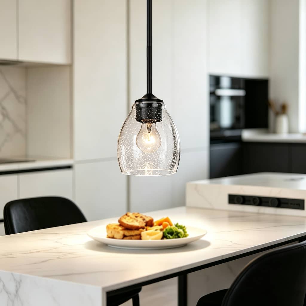 Modern Mini Pendant Light with Seedy Glass Shade, Adjustable Height, Dimmable, Damp Rated, 2 Finish Options